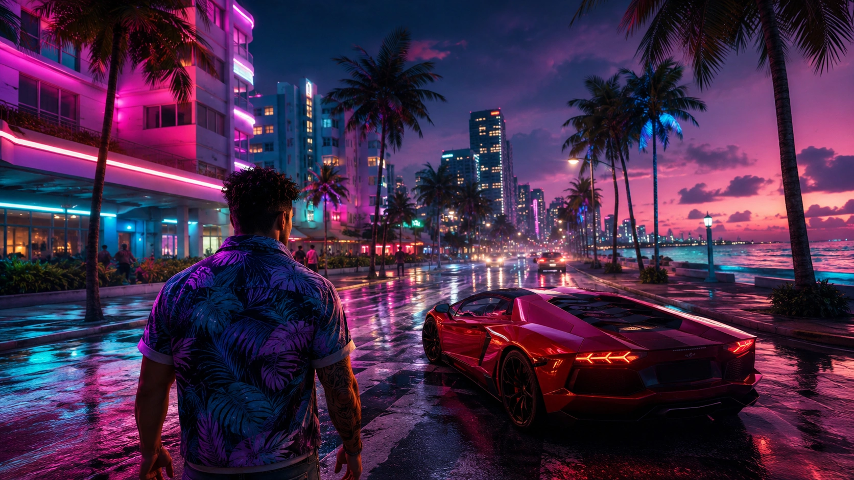 Quenq Vice City online browser game cover with neon city and sports car