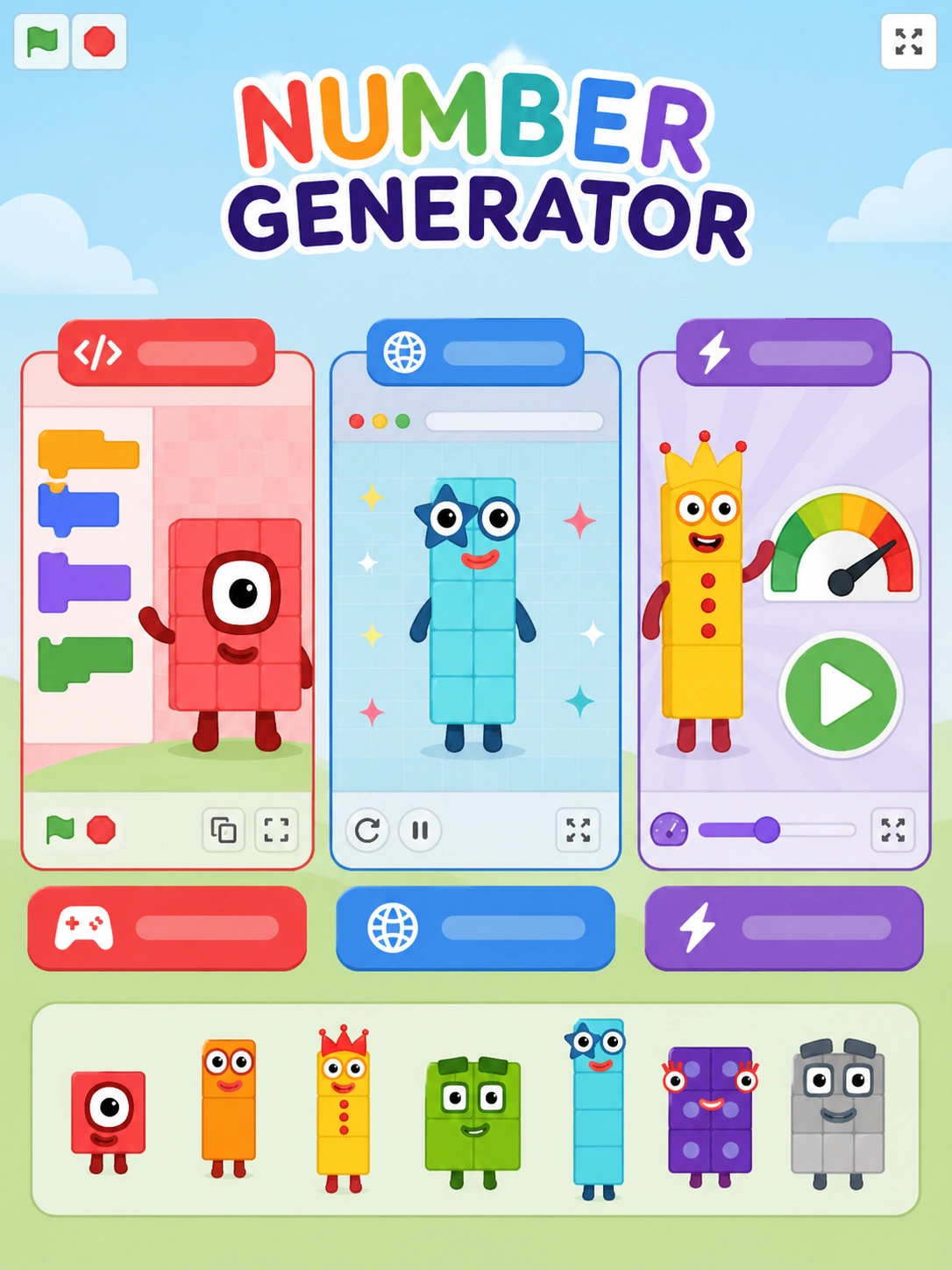 Numberblocks Generator how-to-play guide showing the menu controls and starting steps