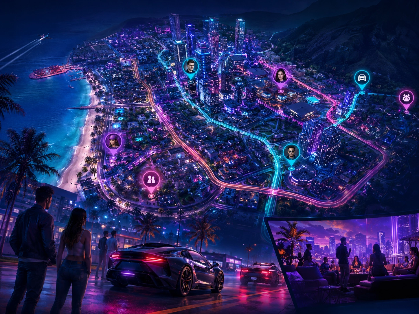 Open world city exploration scene for Quenq Vice City game